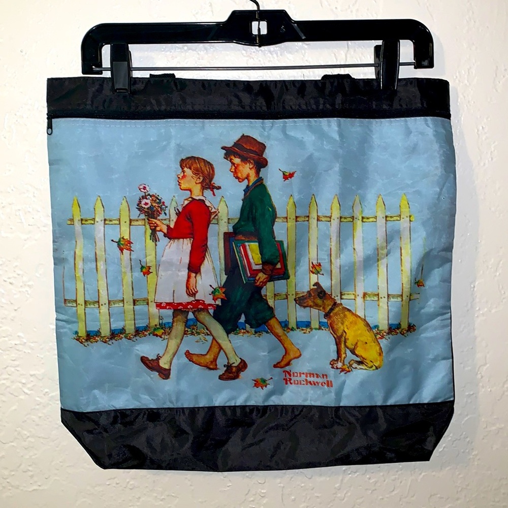 Norman Rockwell Tote Walking to School Scholarly Pace Nylon Blue Black NWOT